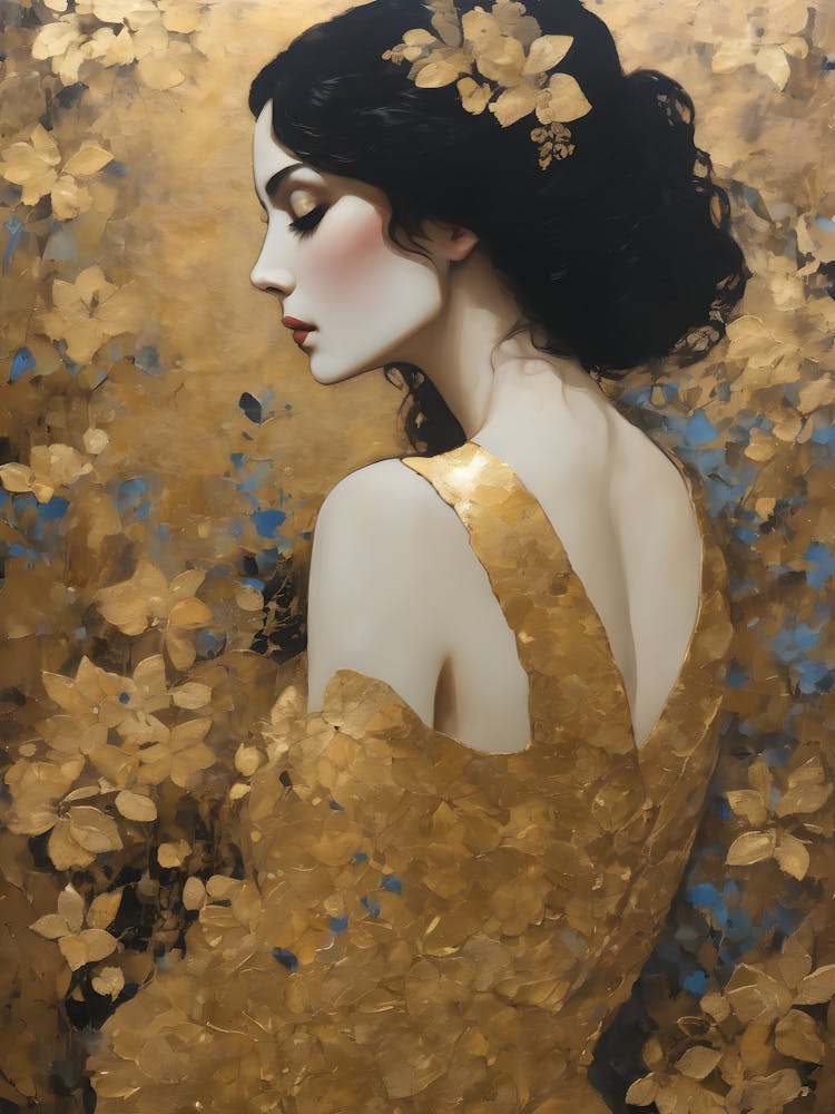 In the Style of Gustav Klimt - Beautiful Woman in Gold Leaf Wearing Back Showing Dress and Flowers, Similar to The Kiss, Tears, Portrait of Adele Bloch, Judith, Fräulein Lieser and Famous Replica Artworks - Perfect For Aesthetic Luxury Gallery Wall or Feature HD