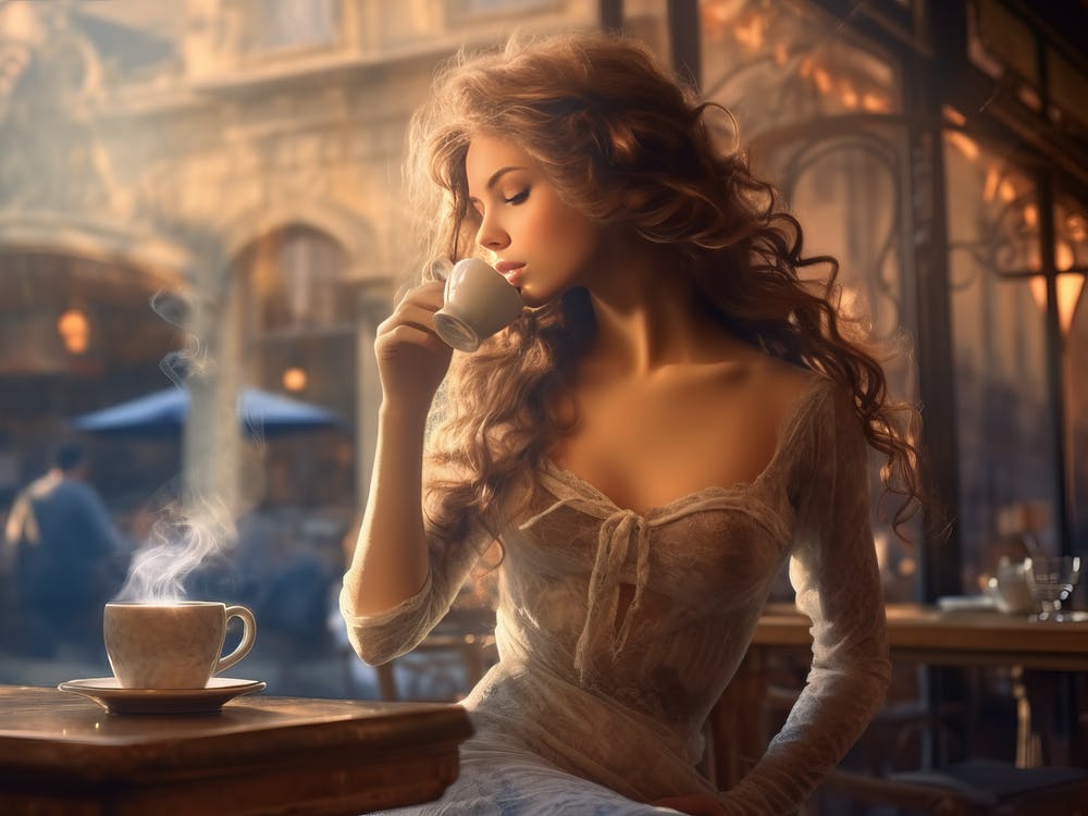 Schöne Frau trinkt Kaffee in Paris
