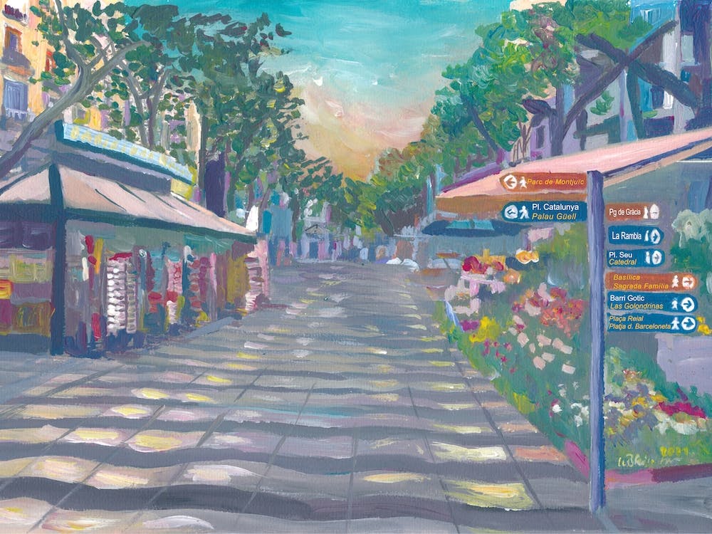 Barcelona Rambla Street Scene With Sign Post