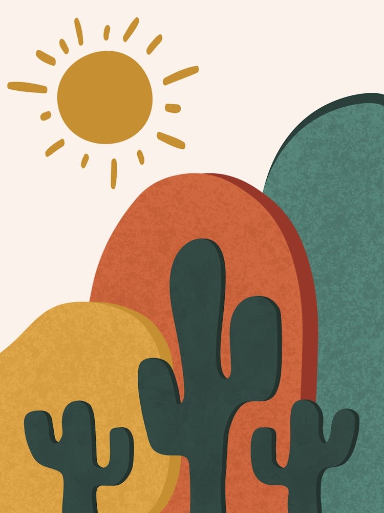 WA240008 - Desert Sun and Cactus Art - Southwestern Abstract Landscape