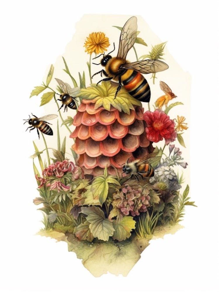 Hairy Footed Flower Bee Beehive Watercolour Illustration 3