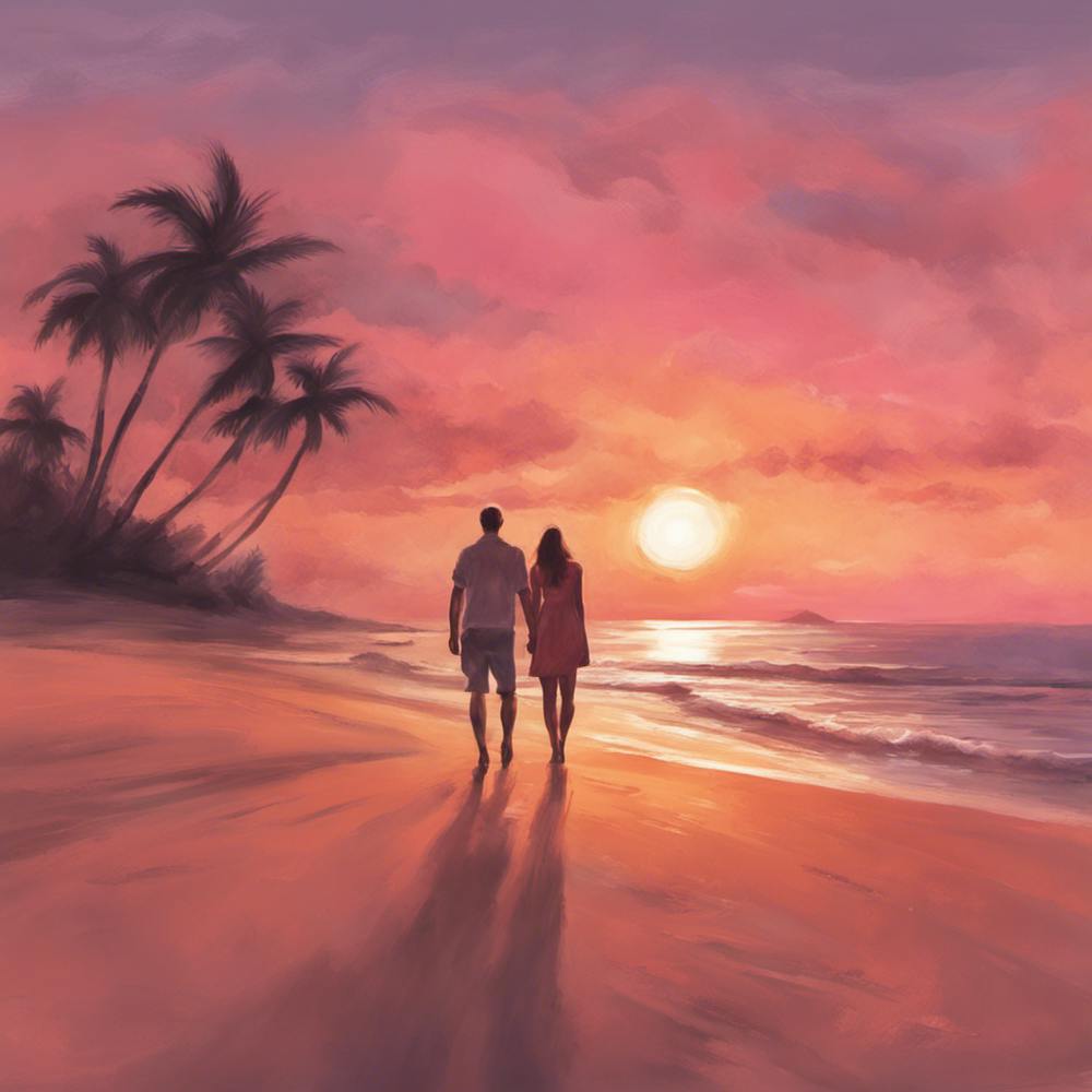 Couple Walking On The Beach At Sunset