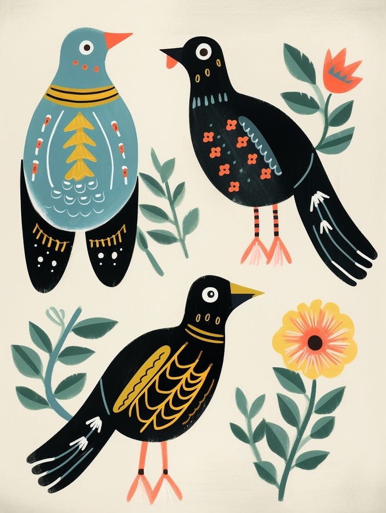 Folk Style Bird Painting Cowbird 2