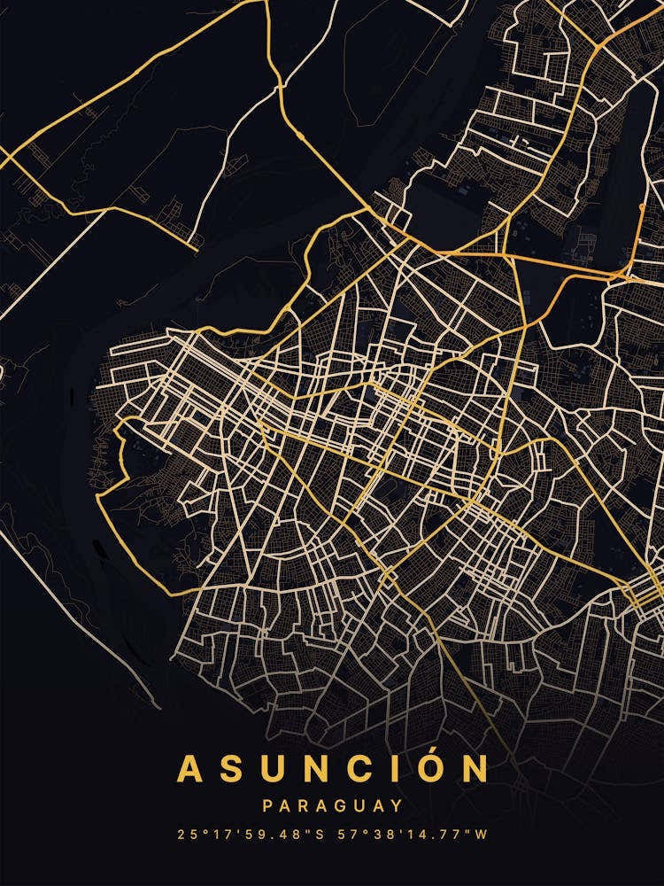 Asuncion Paraguay Zoomed Black And Gold Map