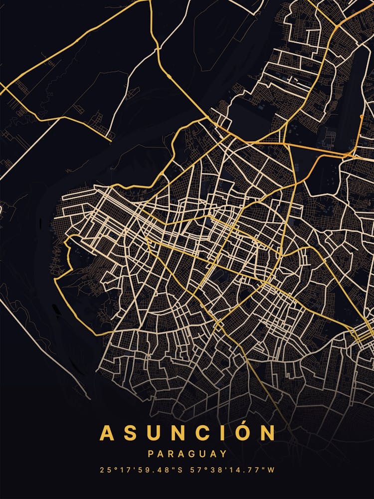 Asuncion Paraguay Zoomed Black And Gold Map