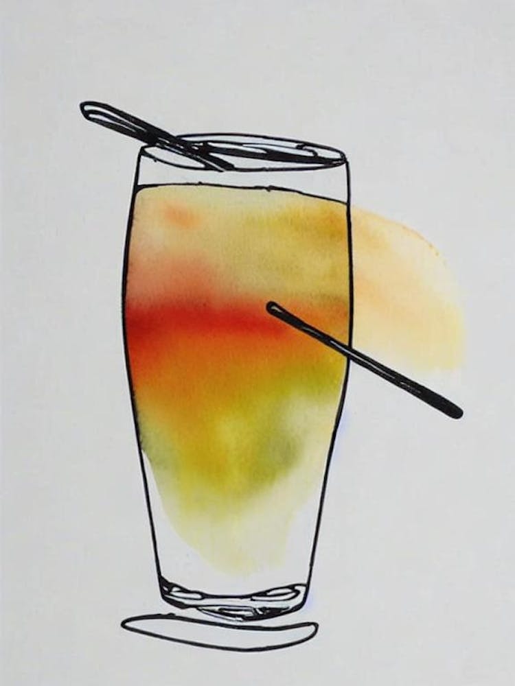 Bellini Minimal Line Drawing With Watercolour Cocktail Poster