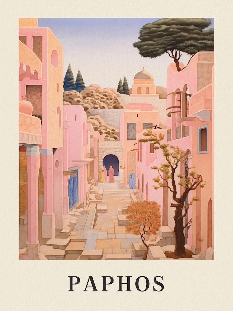 Paphos Cyprus 2 Vintage Pink Travel Illustration Poster