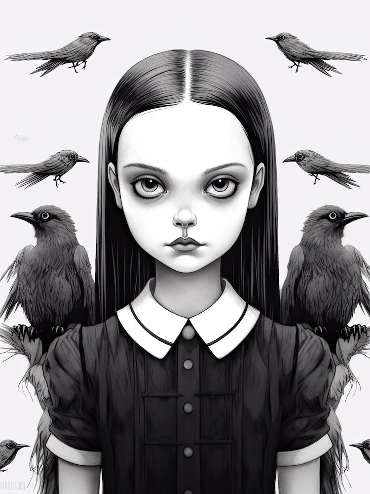 Portrait Of Wednesday Addams World Line Art With Ravens Fan Art