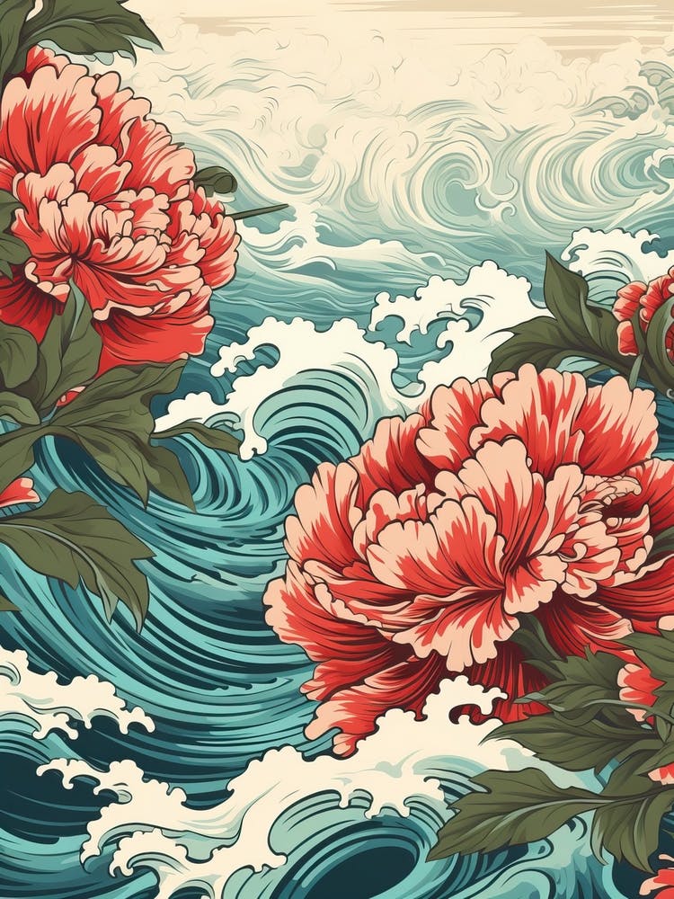 Great Wave With Peony Flower Drawing In The Style Of Ukiyo E 2