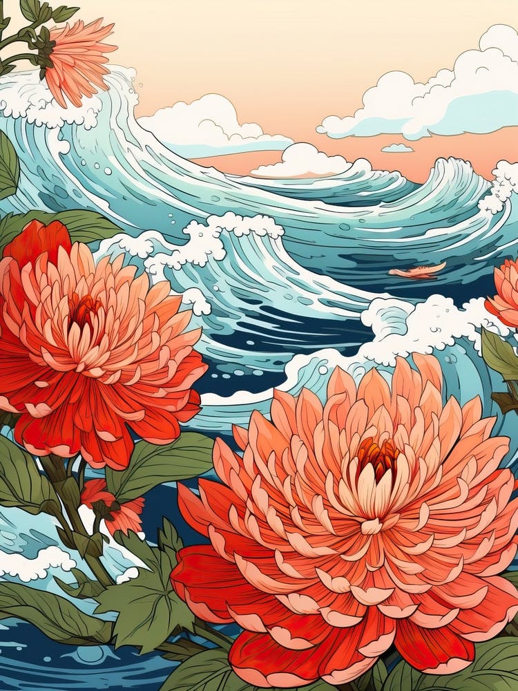 Great Wave With Zinnia Flower Drawing In The Style Of Ukiyo E 2