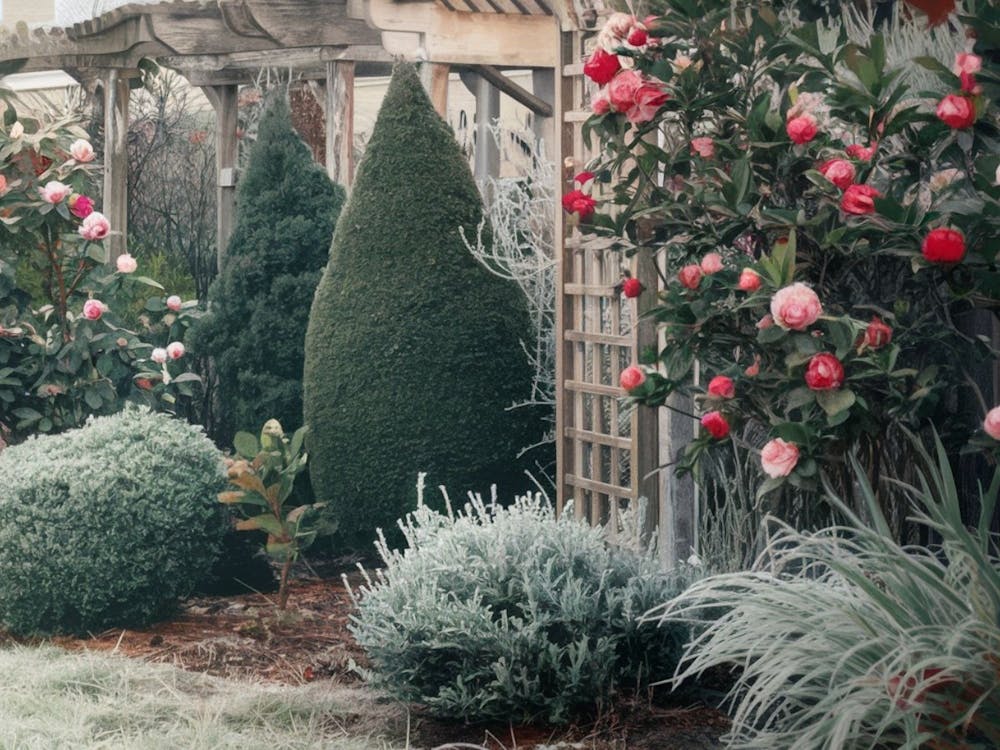 Winter Garden Sanctuary - Frosted Evergreens & Blooming Camellias