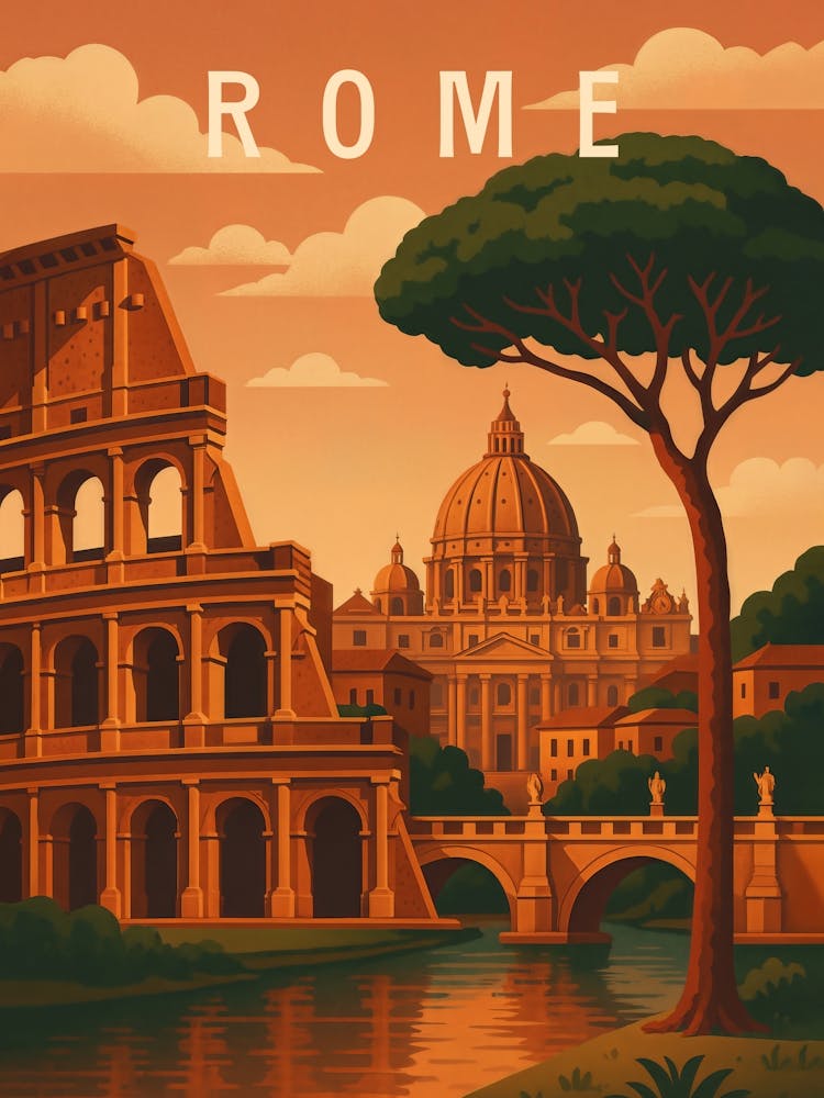 Rome Travel Poster – Colosseum and Vatican at Sunset: This timeless travel poster of Rome features ancient wonders like the Colosseum and Vatican City at dusk. Perfect for history lovers and cultural explorers seeking the essence of Italy through iconic architecture and Roman heritage.