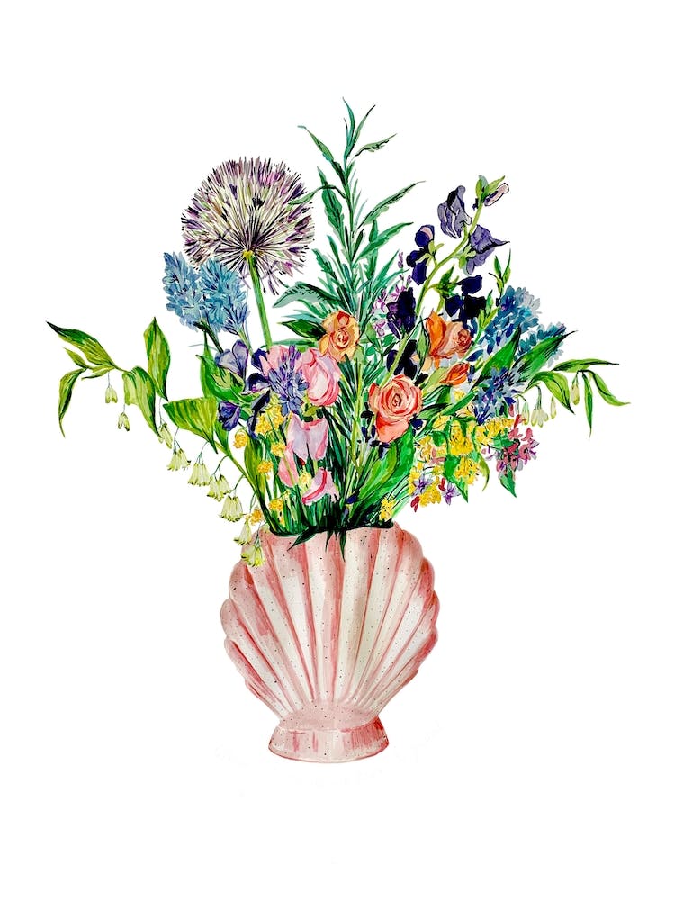 Flowers In Shell Vase On White