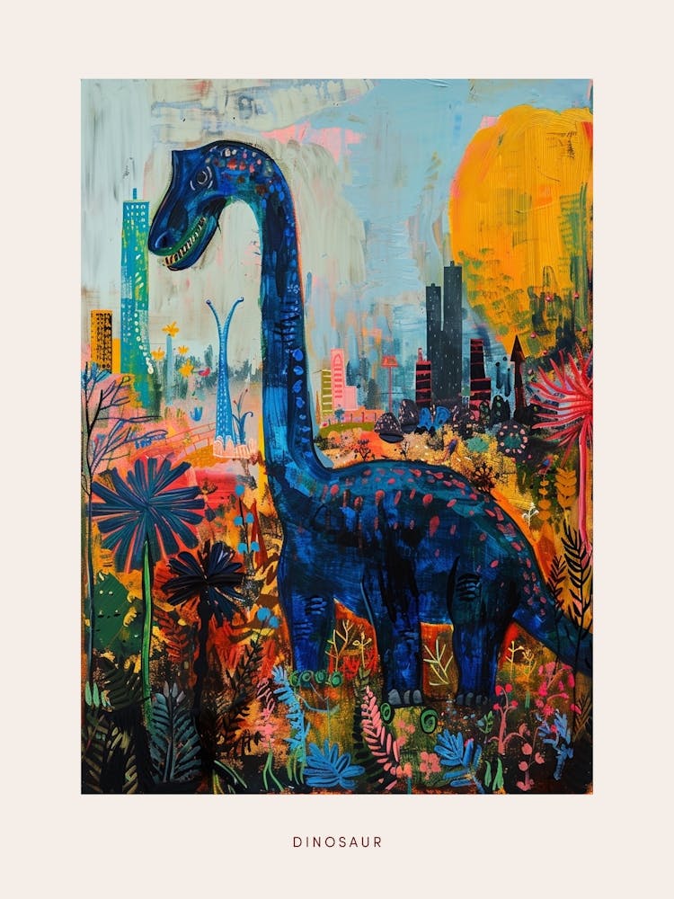 Dinosaur In The Flowers With A Cityscape In The Background Poster