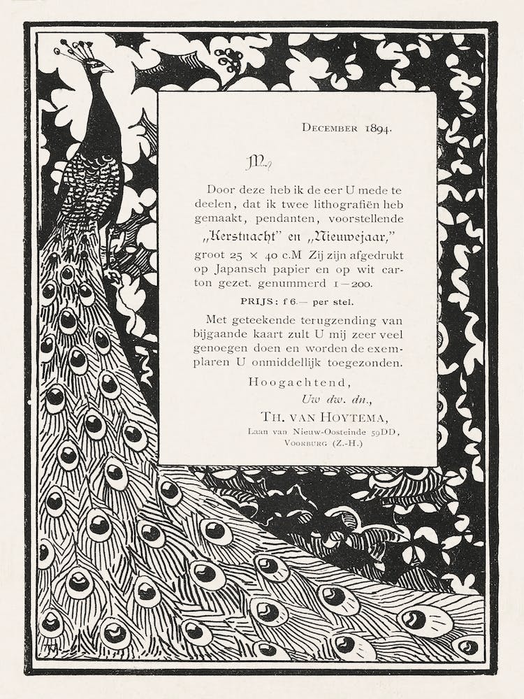 Announcement And Order Card With Peacocks (In Or Before 1894), Theo Van Hoytema