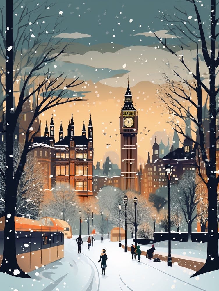Winter Travel Night Illustration London United Kingdom 1