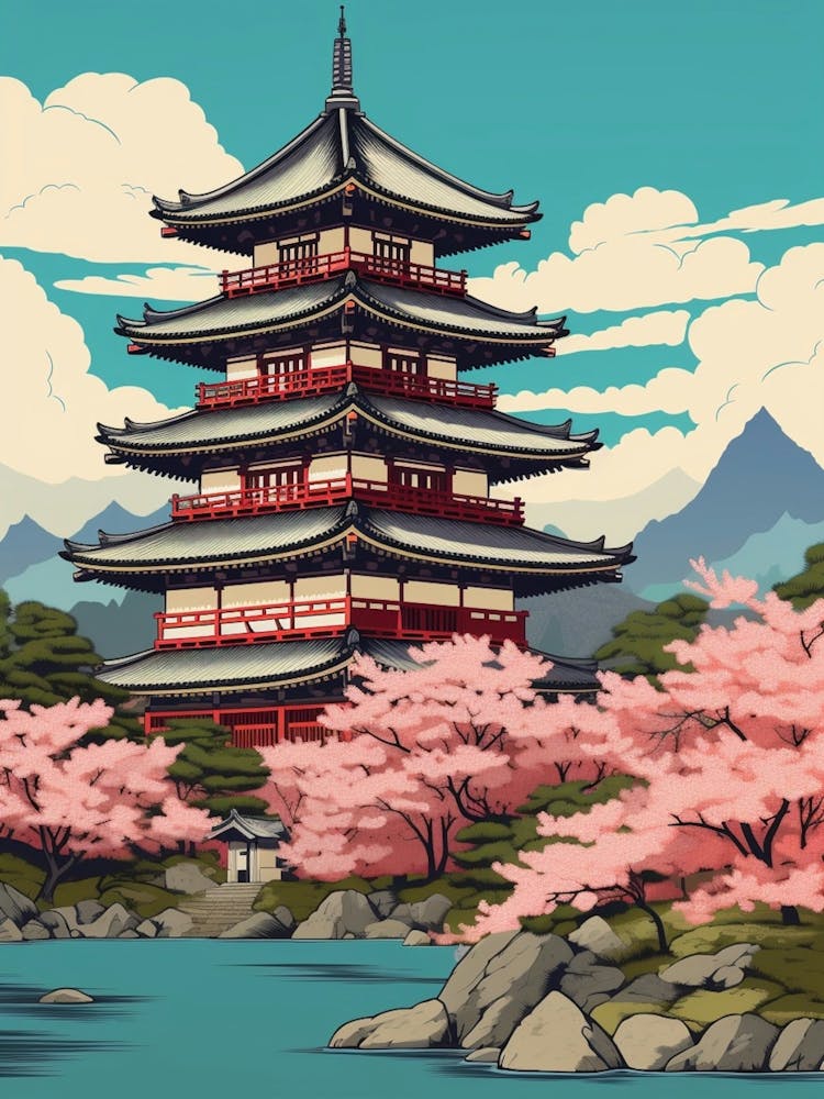 Matsumoto Castle, Japan Vintage Travel Art 4