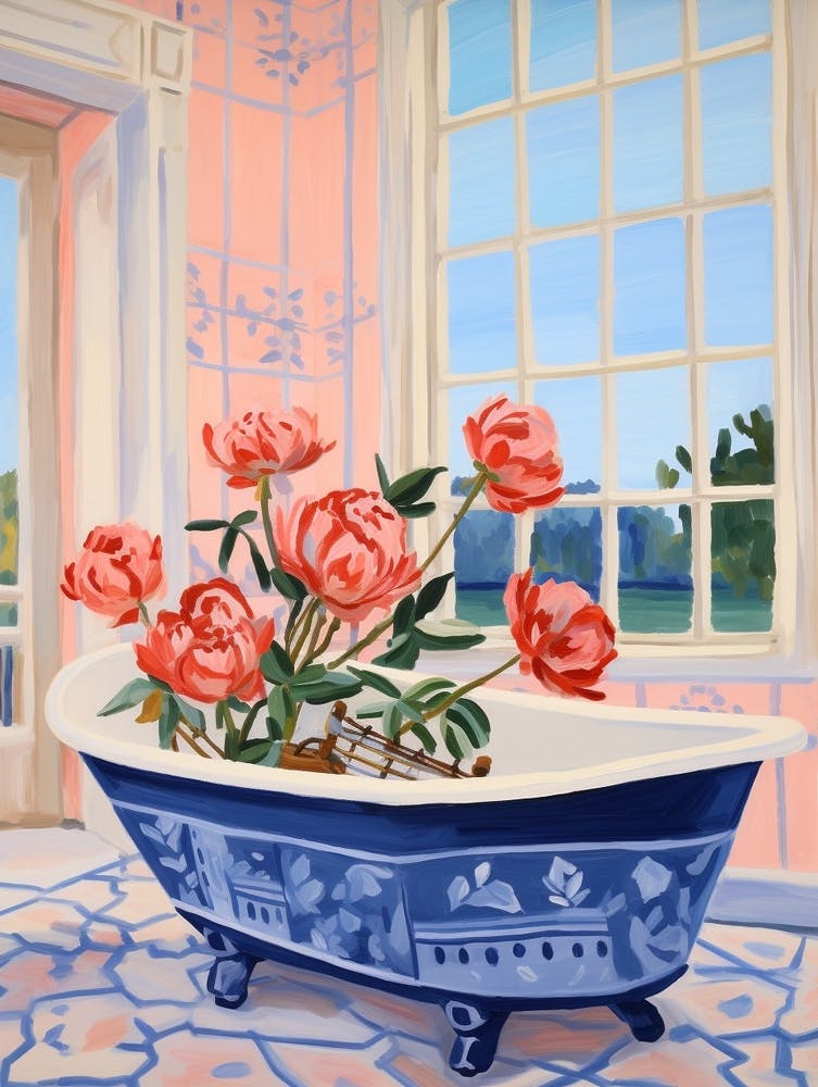 A Bathtube Full Of Peony In A Bathroom 1