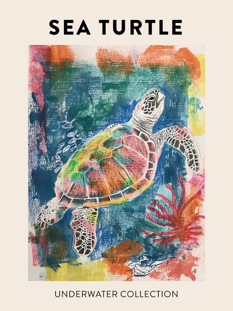 Rainbow Underwater Sea Turtle Crayon Scribble Poster 2