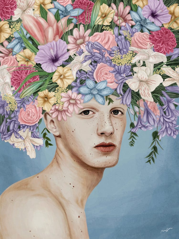 A man with a garden on his head
