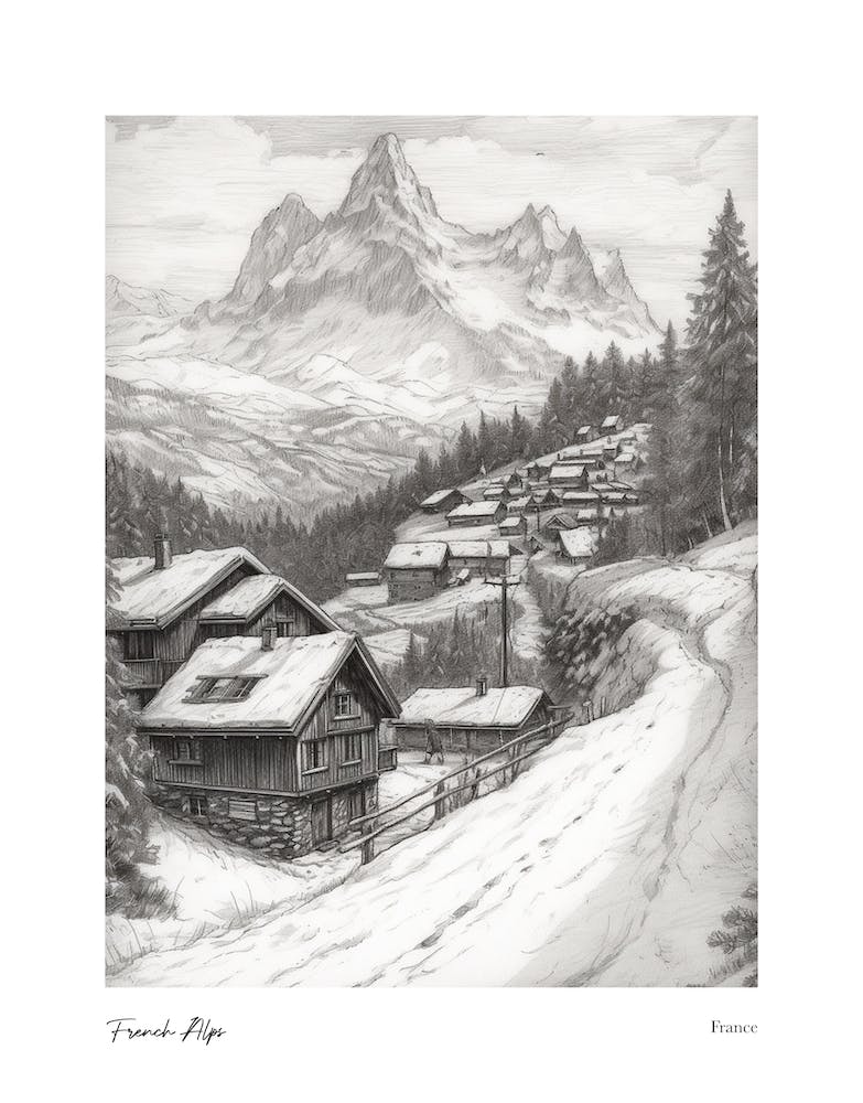 French Alps France Pencil Sketch 6 Watercolour Travel Poster