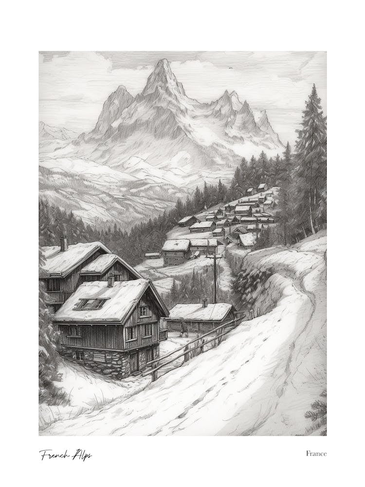 French Alps France Pencil Sketch 6 Watercolour Travel Poster