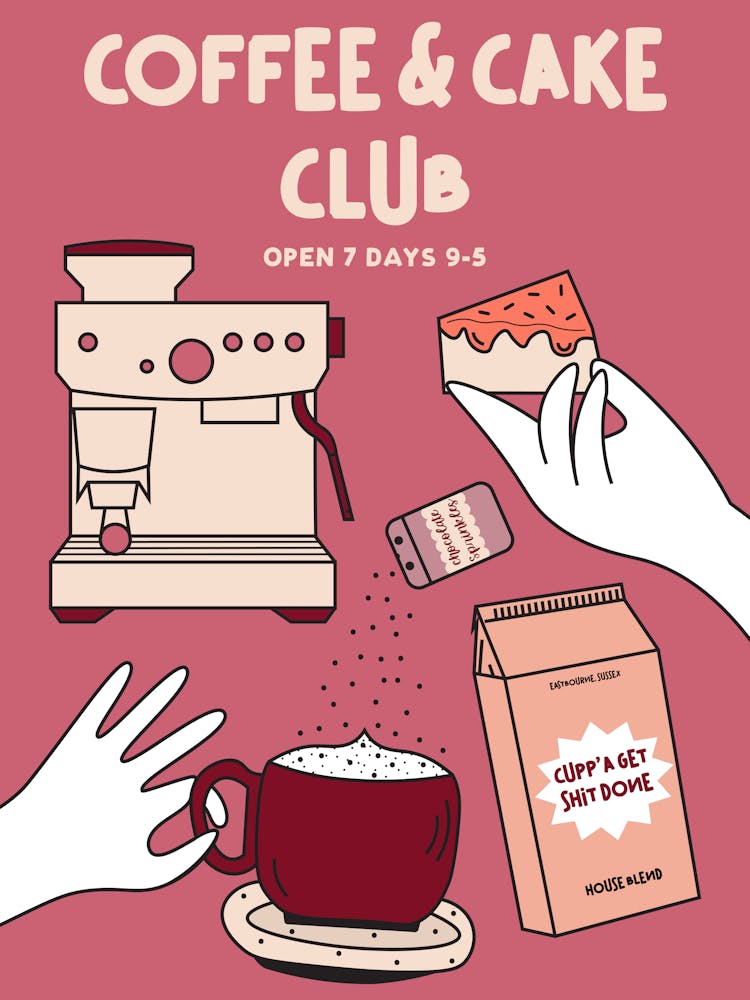 Coffee and Cake Hand Drawn Illustrated Trendy Kitchen Food Art Pink