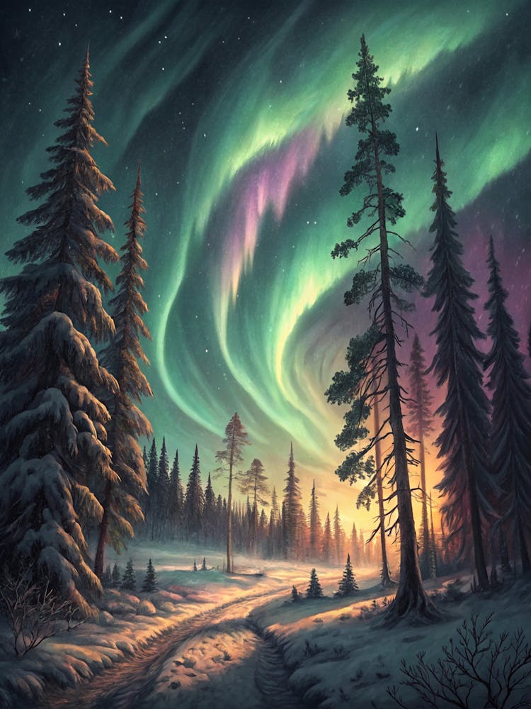 Oil Painting Style Vintage Style Northern Lights
