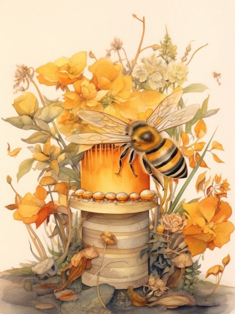 Long Horned Cellophane Bee Beehive Watercolour Illustration 2