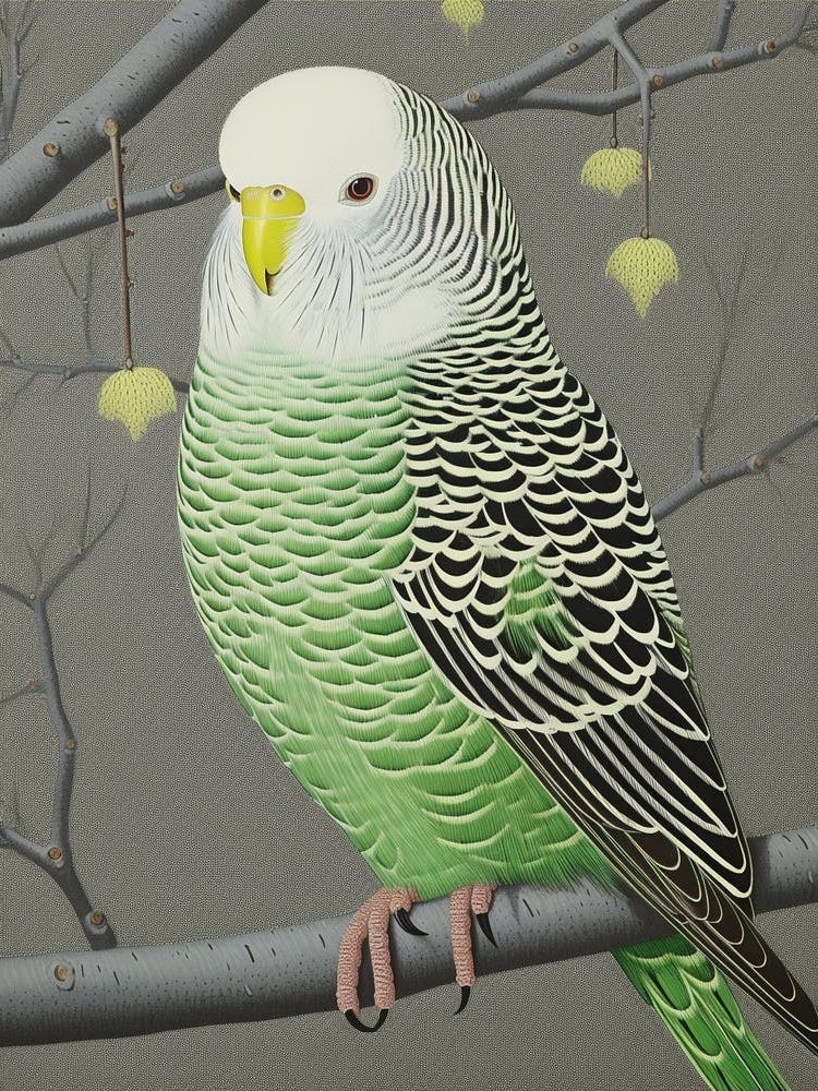 Ohara Koson Inspired Bird Painting Budgerigar 1