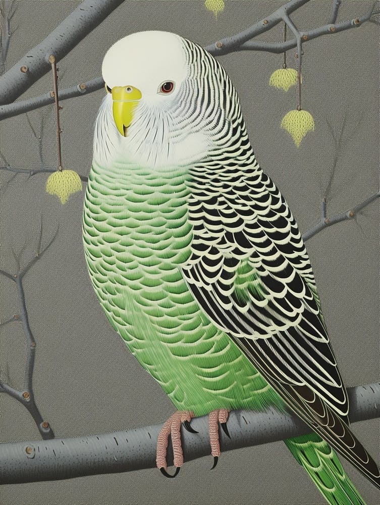 Ohara Koson Inspired Bird Painting Budgerigar 1