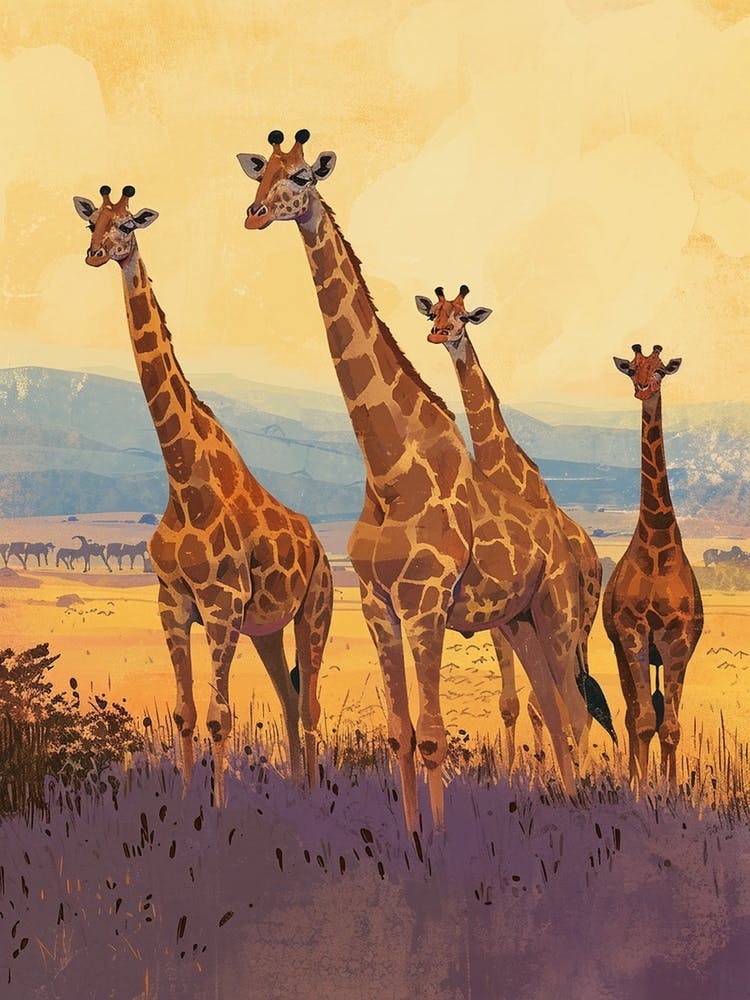 Herd Of Giraffes In The Wild Watercolour Style Illustration 3