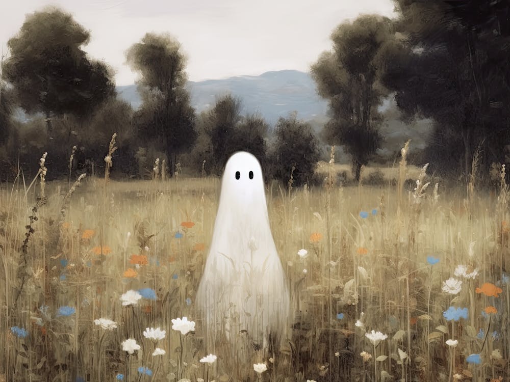 Cute Bedsheet Ghost In Flower Landscape Vintage Style, Halloween Spooky 7