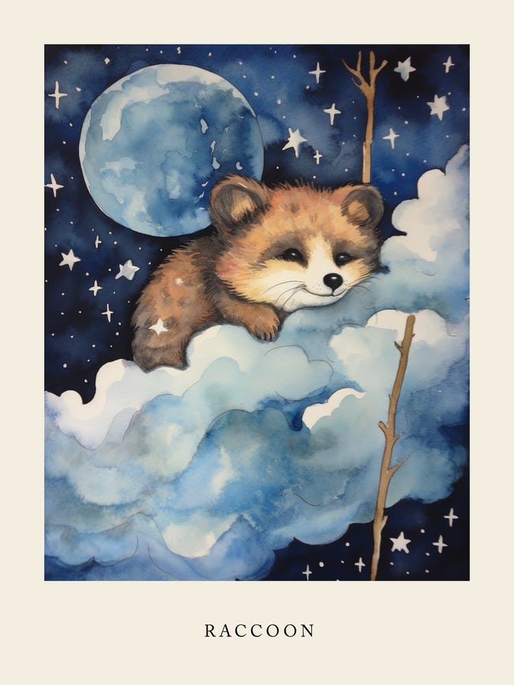 Baby Raccoon 2 Sleeping In The Clouds Nursery Poster