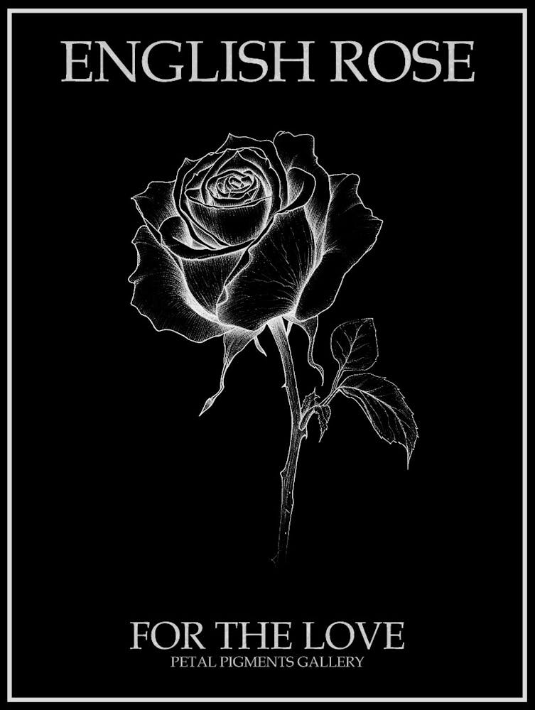 English Rose Black And White Line Drawing 9 Poster Inverted