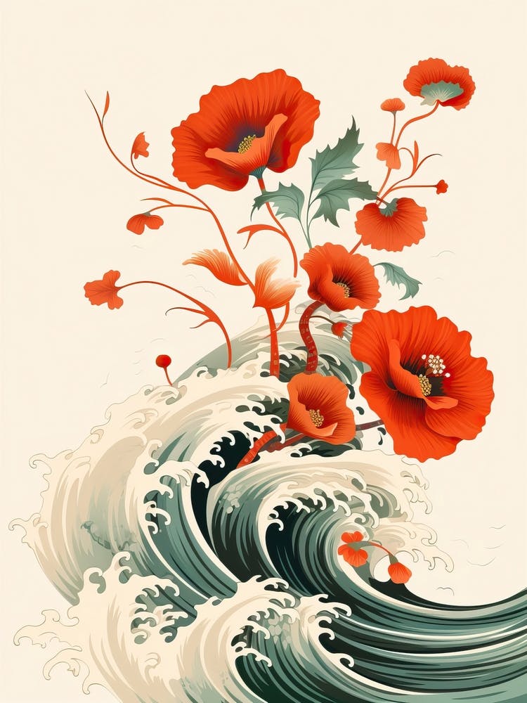 Great Wave With Poppy Flower Drawing In The Style Of Ukiyo E 1