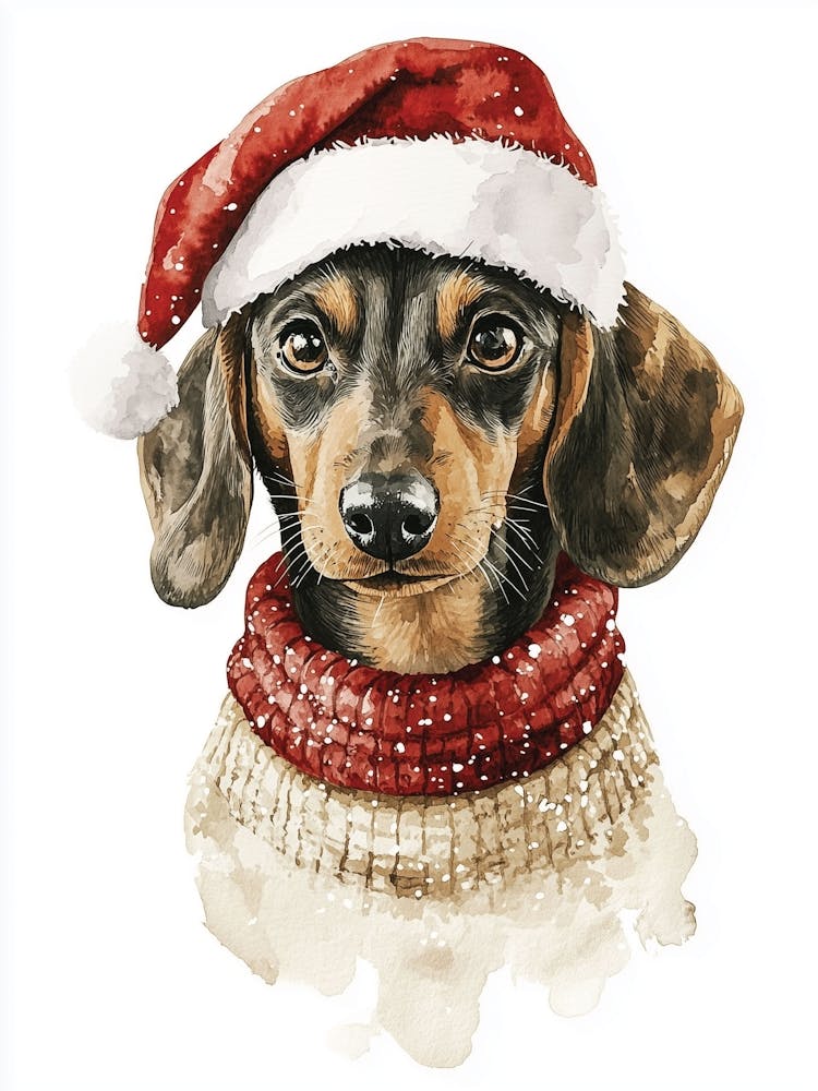 Dachshund In Christmas Jumper And Santa Hat Neutral