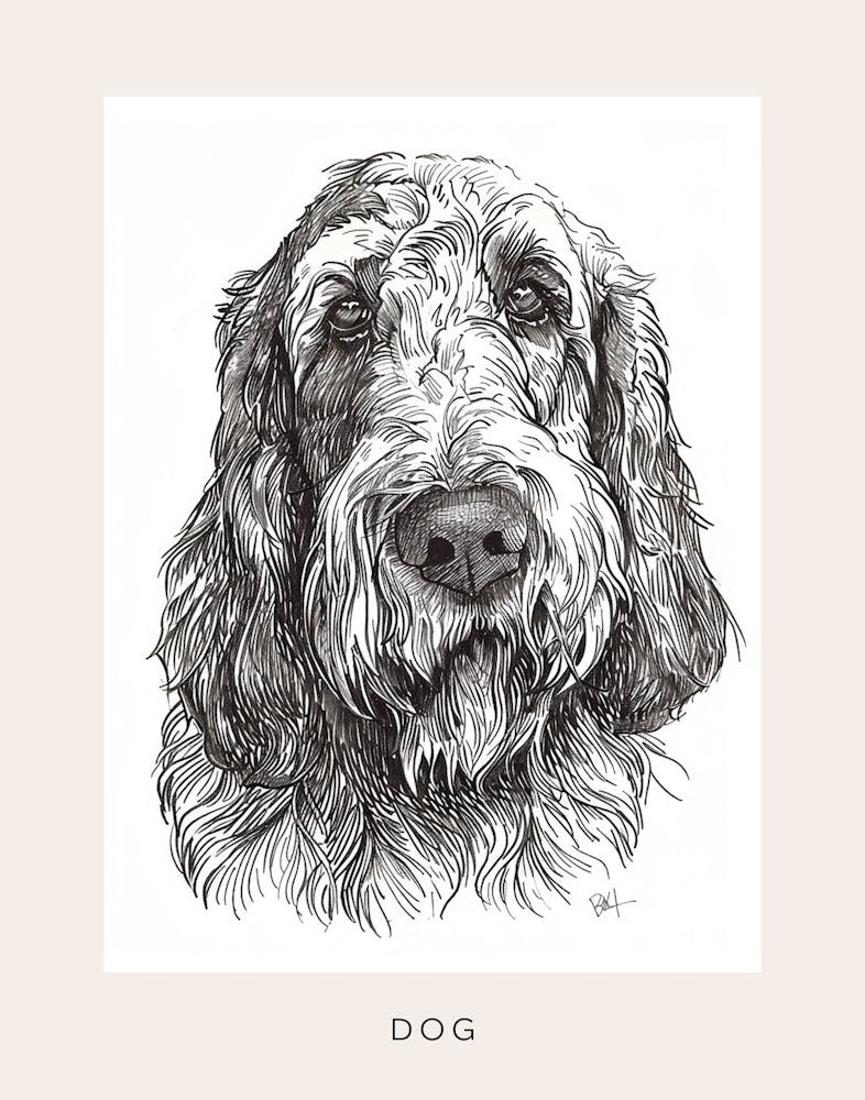 Long Haired Dog Black & White Line Sketch Poster