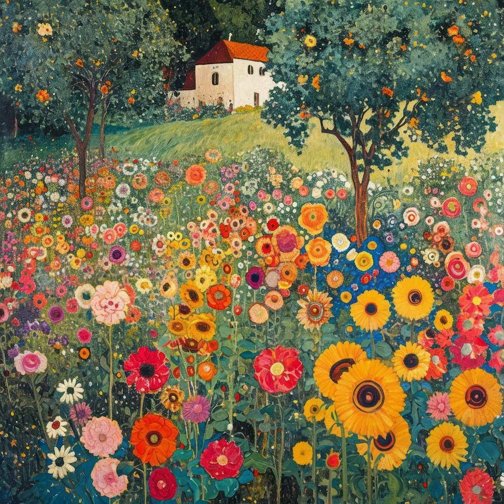 Blooming Landscape with House. Gustav Klimt Style