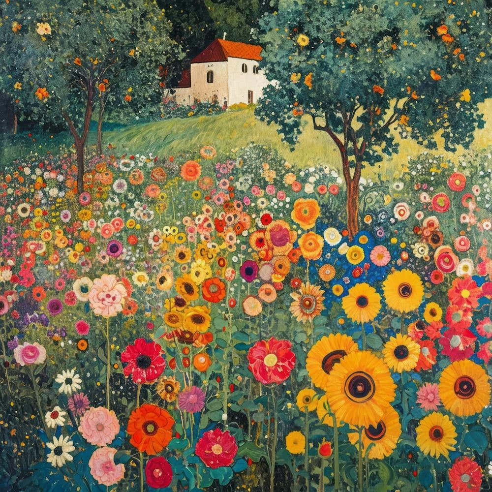Blooming Landscape with House. Gustav Klimt Style
