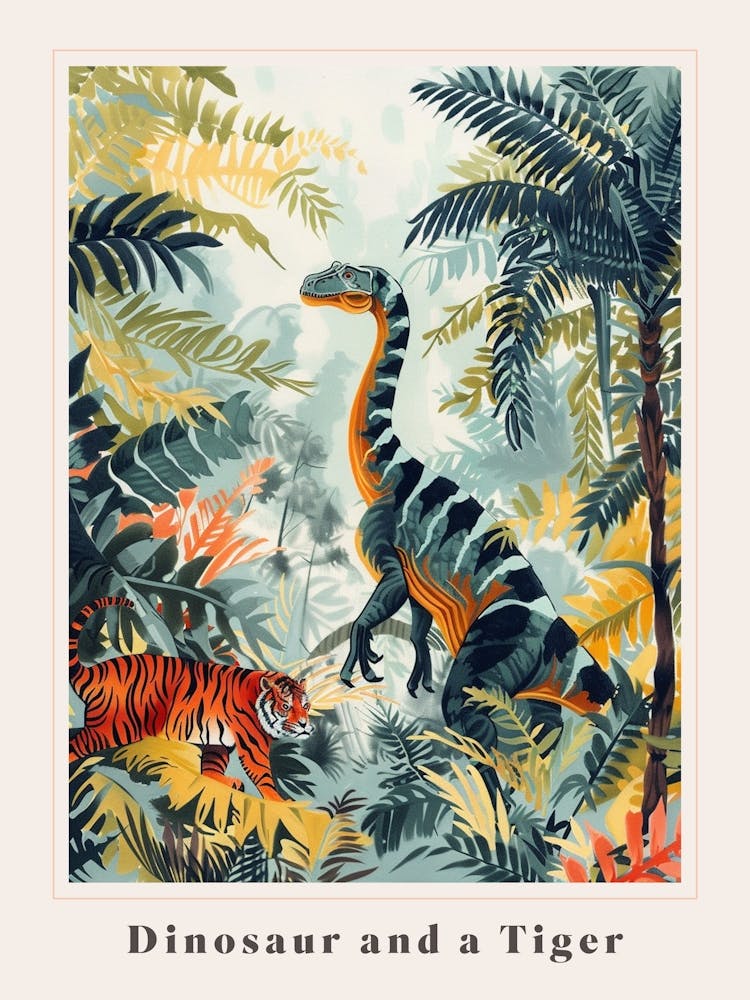 Dinosaur And A Tiger In A Tropical Rainforest Poster