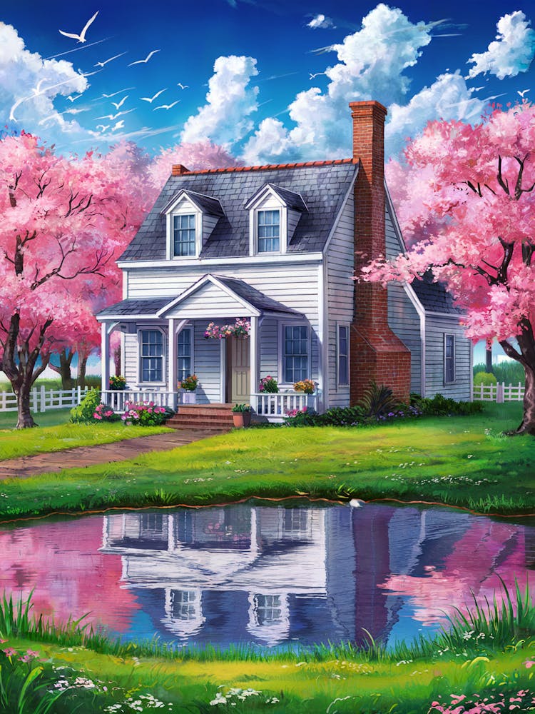 Anime Art: Charming country house with pink cherry blossoms, a serene pond reflection, and a vibrant spring setting, perfect for tranquil vibes.