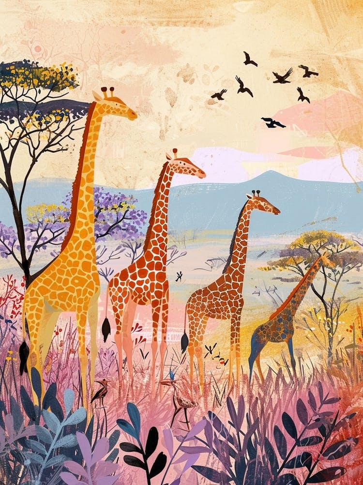 Giraffe In The Wild With Other Animals Watercolour Style 1
