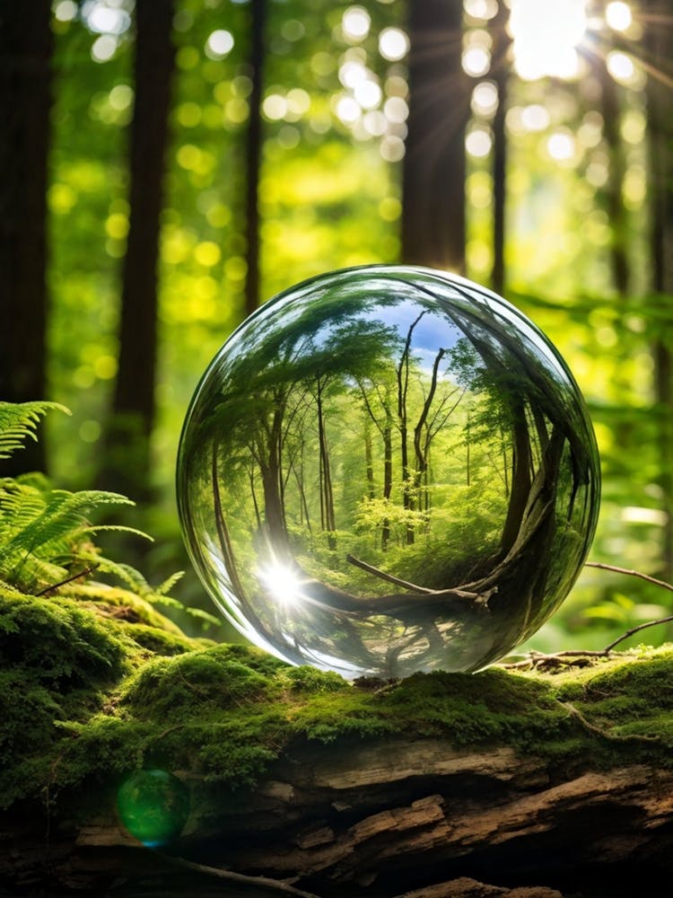 Crystal Clear Sphere Of Earth Suspended In A Lush Forest Setting Sunlight Filtering Through The Can