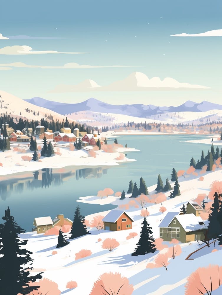 Vintage Winter Travel Illustration Big Bear Lake California 1