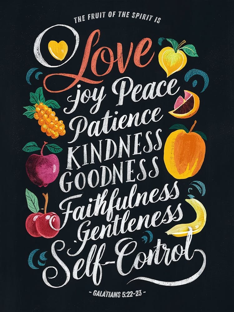 Bible Verse, Galatians 5:22-23, The fruit of the Spirit is Love, Joy, Peace, Patience, Kindness, Goodness, Faithfulness, Gentleness, Self-Control, Chalkboard drawing, Christian Art