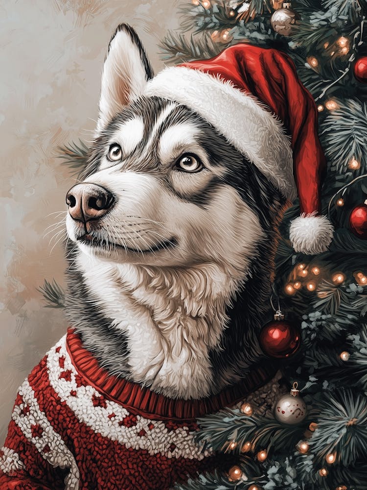 Husky Dog In Christmas Jumper And Santa Hat