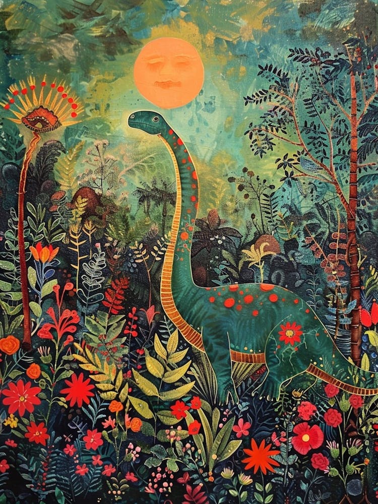Dinosaur In Tropical Flowers Painting 3