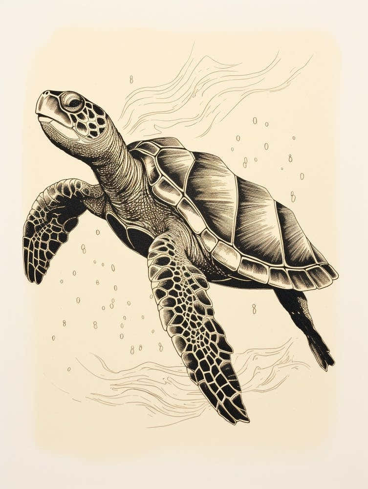 Sepia Vintage Drawing Of Sea Turtle