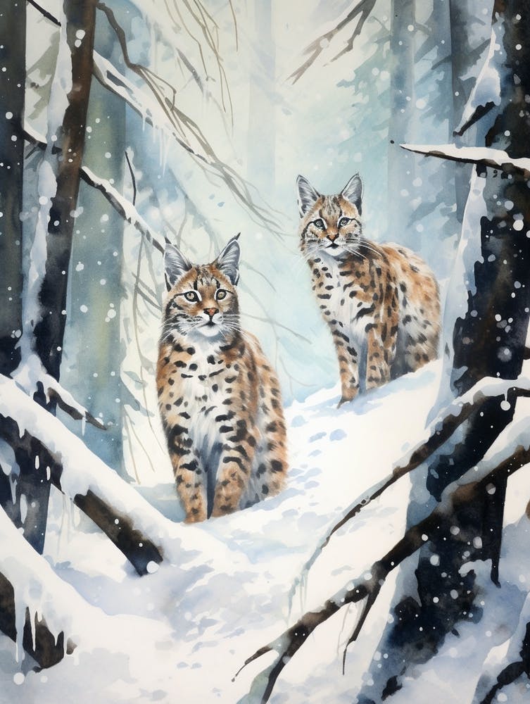 Winter Watercolour Bobcat